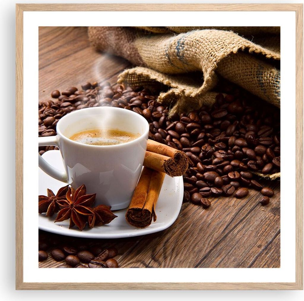 Gerahmtes Poster - Rahmen in heller Eiche - Kaffee schwarz Frühstück Schokolade - 60x60 cm - Wand Bild - Wanddeko - Wandbilder - Wandposter - Bil...