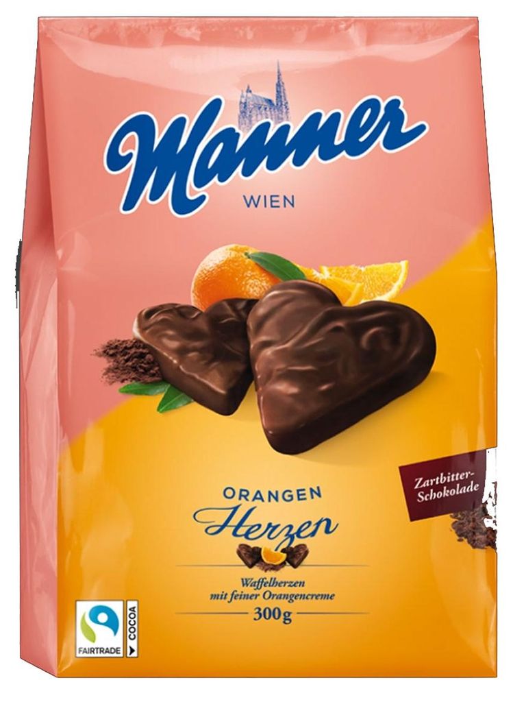Wafle czekoladowe Manner w kształcie serca z nadzieniem z Zdjęcie produktu 