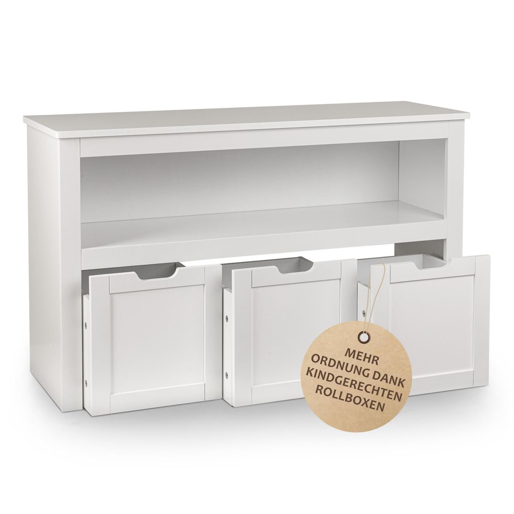 ONVAYA Sideboard mit Rollboxen - Praktisches Kinder Bücherregal und Kuscheltier Aufbewahrung - Modernes Spielzeugregal inkl. 3 Aufbewahrungsboxen