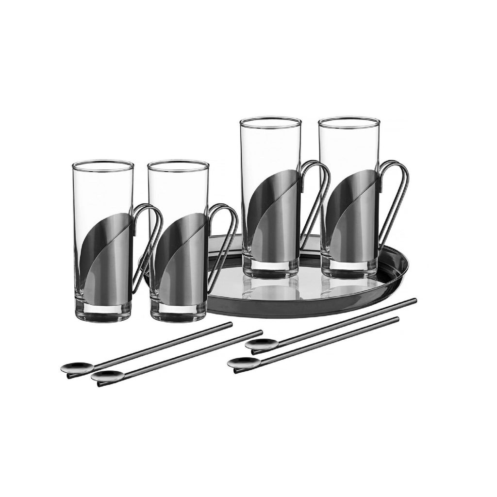 Irish Coffee Set, Gläser Set mit Edelstahltablett, 9-tlg. (Schwarz)