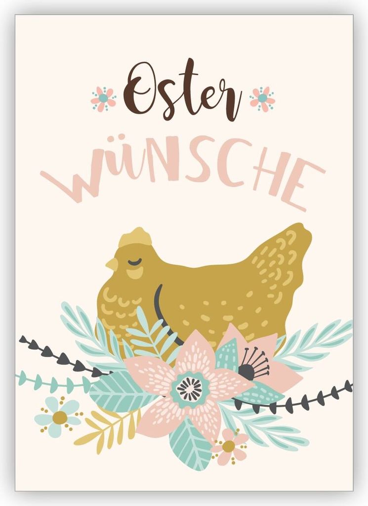4x Wunderschöne Retro Osterkarte mit Henne im Blumen Nest: Oster Wünsche