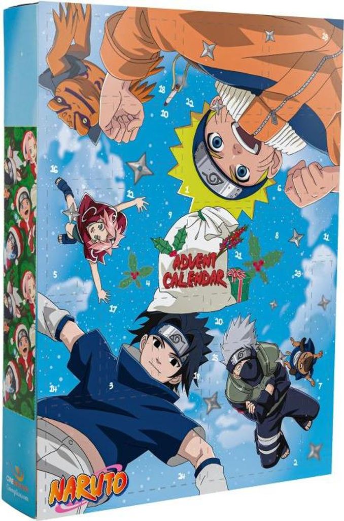 An advent calendar featuring characters from the anime series Naruto, with a festive, wintery theme.