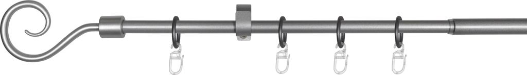 A curtain rod with rings on a white background.