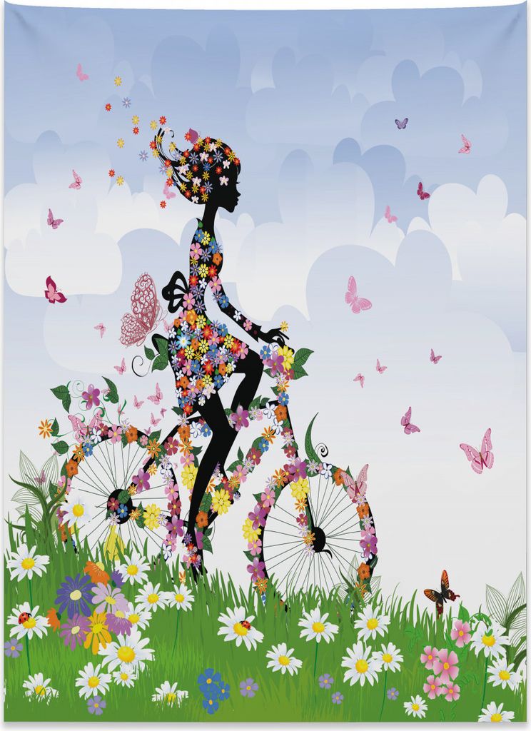 Abakuhaus Draussen Wandteppich, Weinlese-romantisches Fahrrad aus Weiches Mikrofaser Stoff Kein Verblassen Klare Farben Waschbar, 110 x 150 cm, Meh...