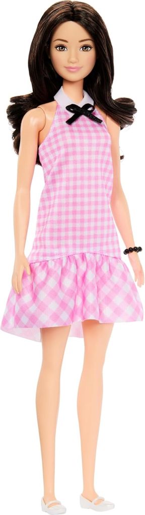 Barbie Fashionistas Puppe mit schwarzen Haaren und rosa Gingham-Kleid