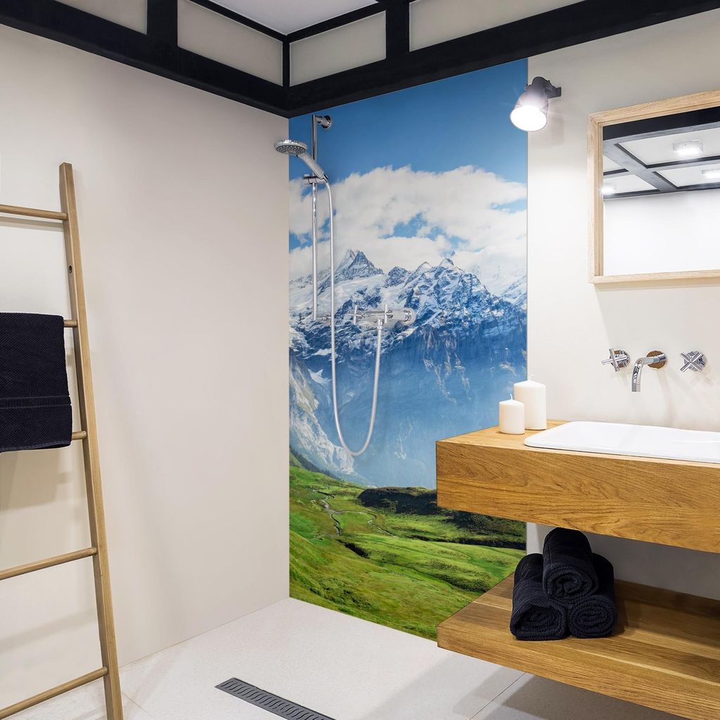 Duschrückwand Natur selbstklebend - 0.35 mm Wandpaneel wasserfest Schweiz grün Motiv Badrückwand fugenlos Smart matt 100x190 cm