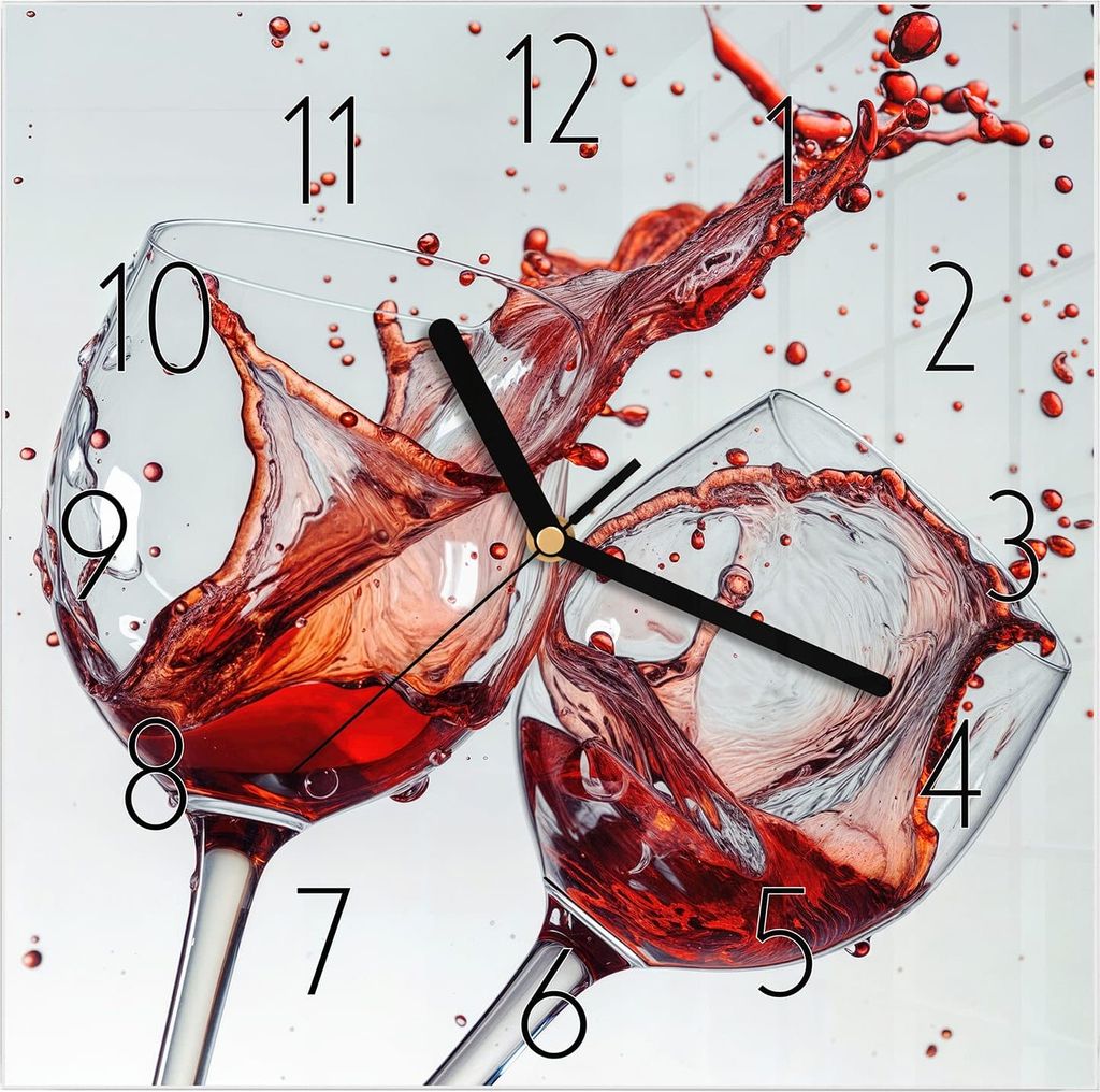 Wanduhr aus Glas mit Motiv Weinkelchplätschern- 30 x 30 cm - inkl. Aufhängesystem