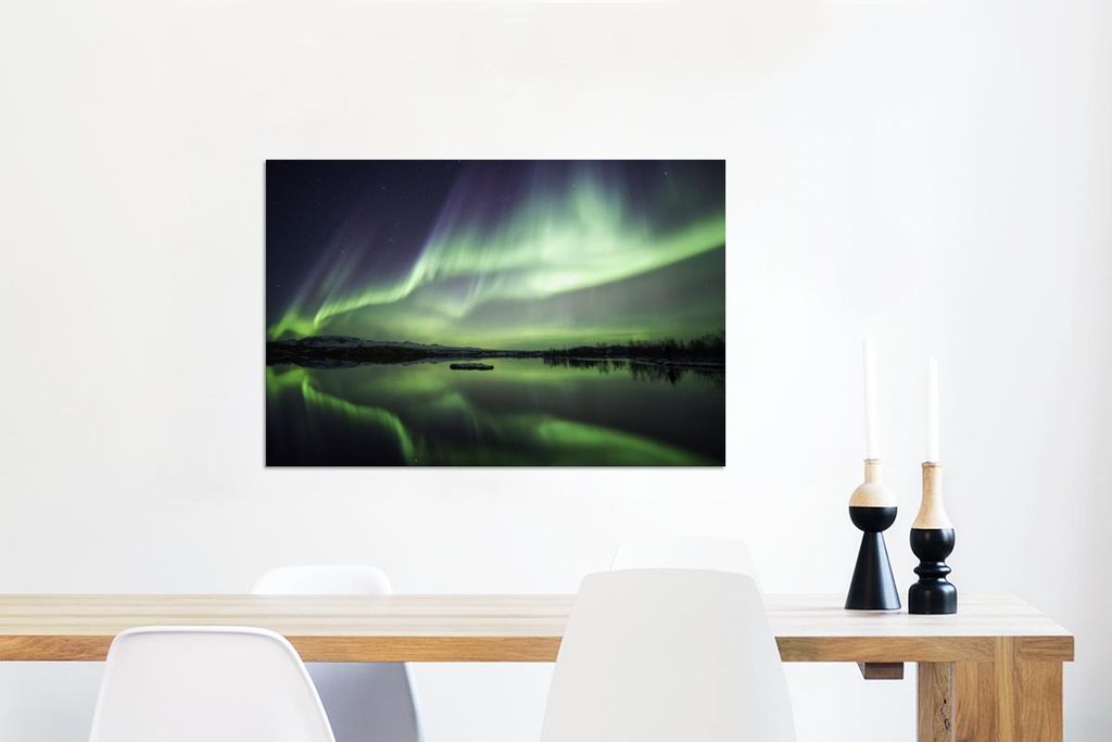 MuchoWow Wanddekoration Metall Metallbild Wandkunst 60x40 cm Nordlicht - See - Island - Grün - Wald - Schnee MuchoWow Aluminium Gemälde - Gemälder