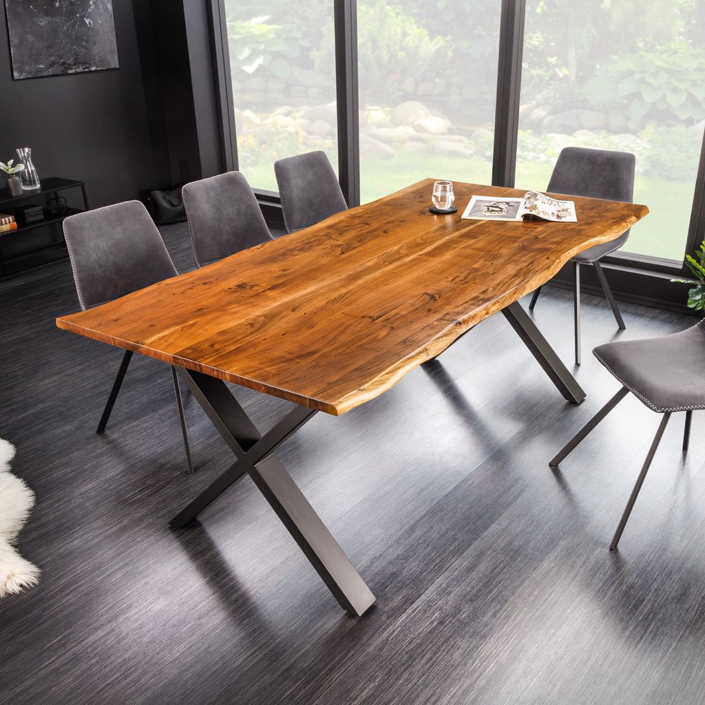 riess-ambiente Massivholz Esstisch MAMMUT NATURE 180cm Akazie Baumkante X-Gestell schwarz 2,5cm Tischplatte Esszimmertisch Konferenztisch Tisch
