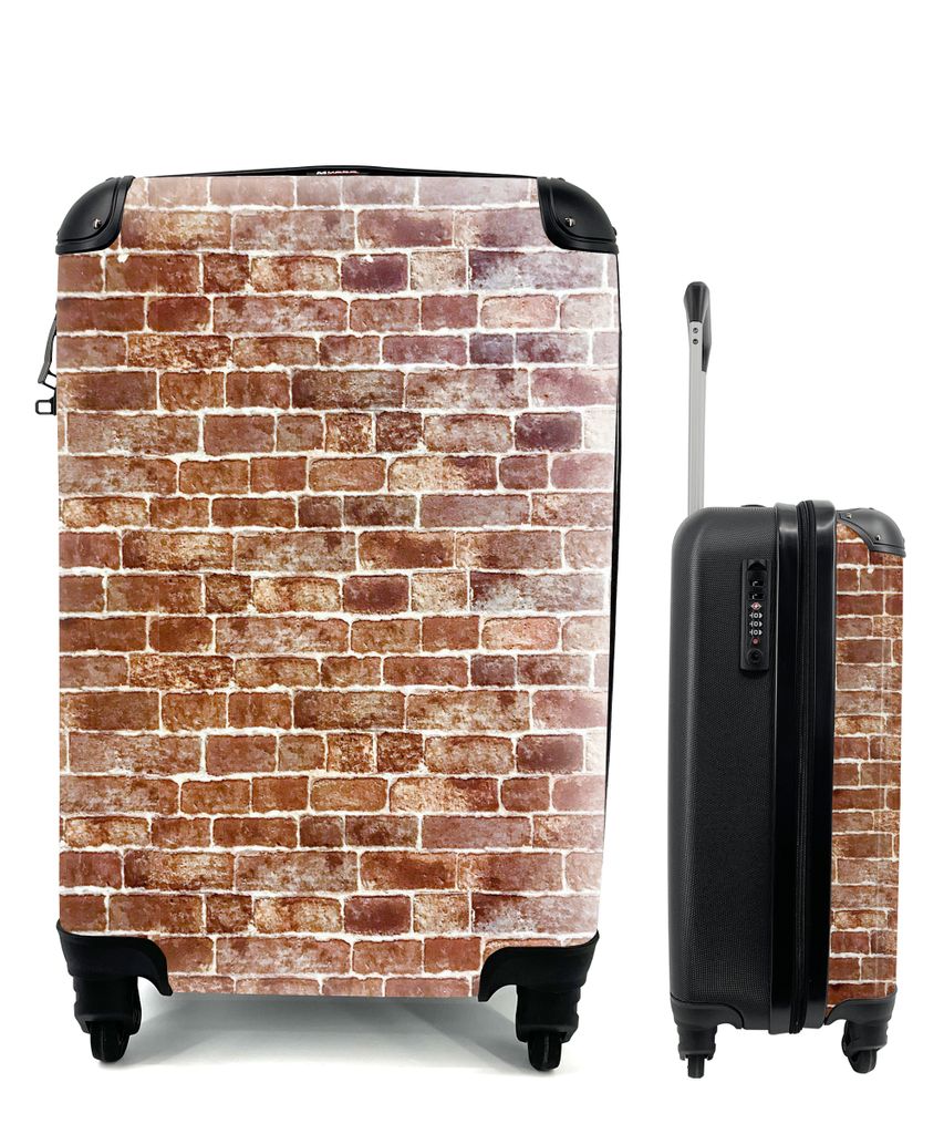 MuchoWow Koffer Handgepäck Trolley Rollkoffer Kleine Reisekoffer mit 4 Rollen - Backstein - Braun - Weiß - Wand - Cabin Size < 55x40x23 cm & 55...