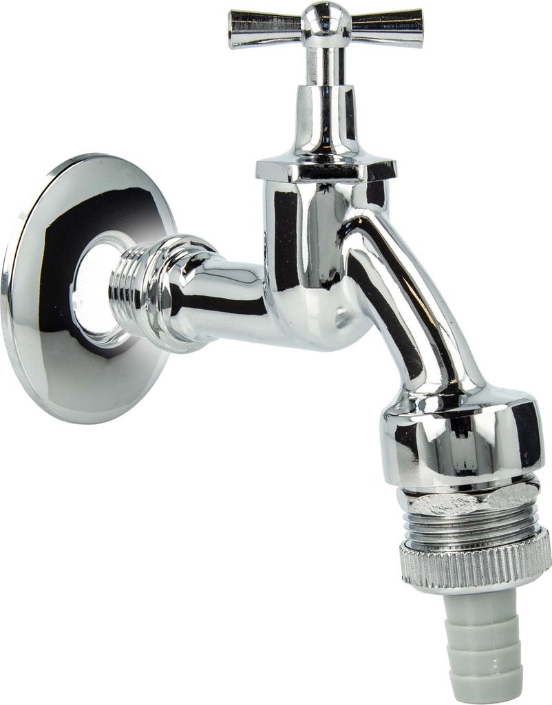 tecuro Auslaufventil 1/2 Zoll, Knebeloberteil, Rohrbelüfter DVGW, Schlauchtülle, Wandrosette, Dichtband - Messing hochglanzverchromt