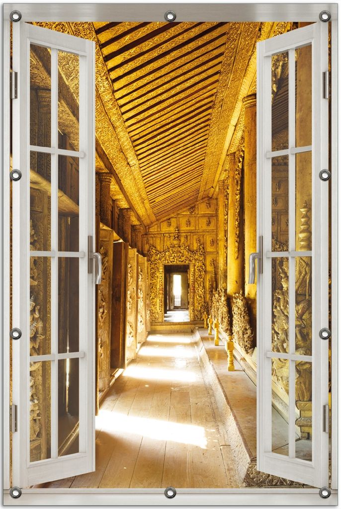 Wallario Outdoor-Poster für Garten oder Balkon 80 x 120 cm: Buddhistischer Tempel aus Holz - Mandaley