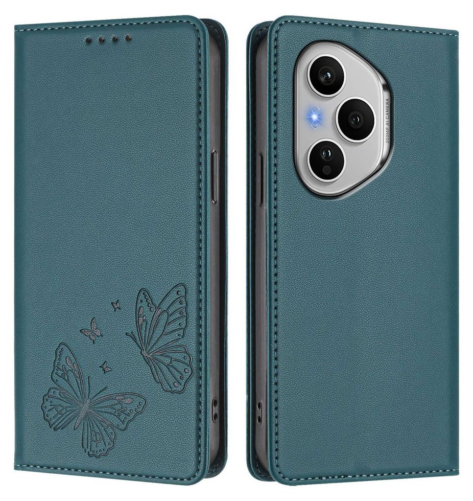 Lederhülle für Honor 400 Pro, Schmetterling Prägung Leder Brieftasche Schutzhülle mit Ständer Grün