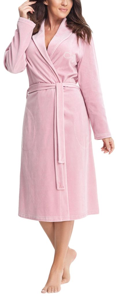 Aquarti Damen Velours Bademantel Nicki Morgenmantel mit Schalkragen zum Binden, Farbe: Puderrosa, Größe: XL