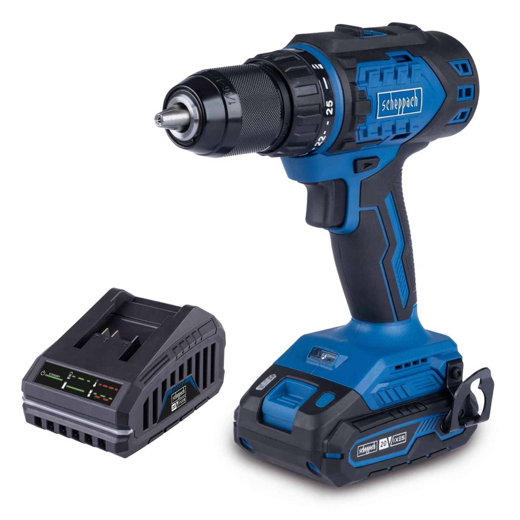 A cordless drill and its charger are displayed on a white background.