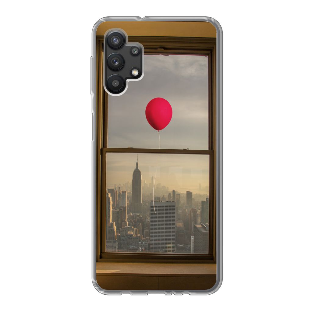 MuchoWow Handyhülle Schutzhülle Hülle für Samsung Galaxy A32 5G Roter Ballon fliegt an Fenster in New York vorbei Silikon Softcase Handy Hül...