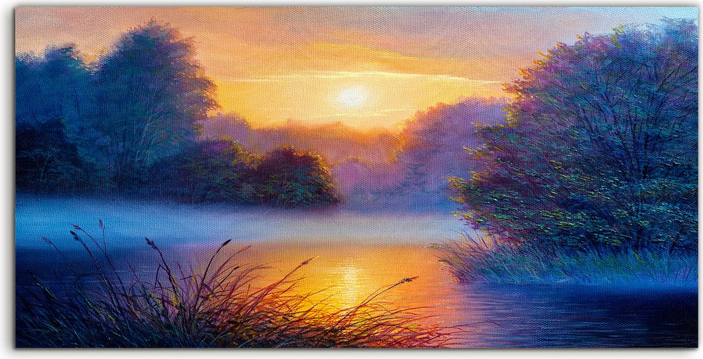 Coloray Acrylbild 140x70 Wandbild Acrylbilder Morgendliche Landschaft mit Baum Fluss
