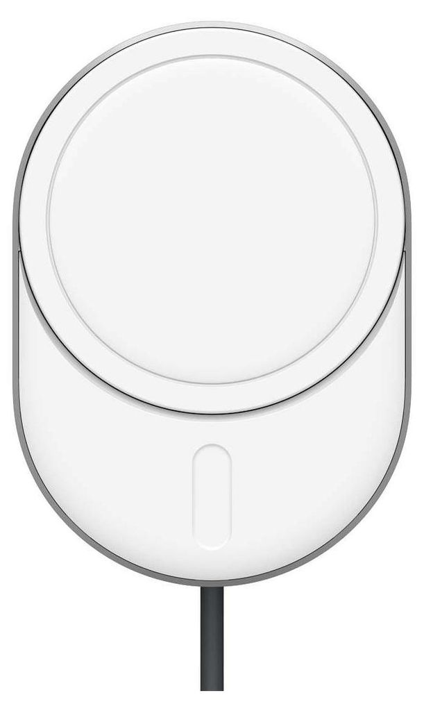 A white magnetic wireless charger with a gray border and a black cable attached.