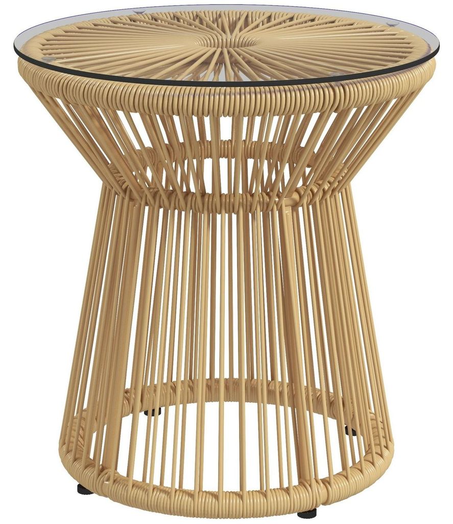 Runder Beistelltisch Kaffeetisch mit Glastischplatte Hohltrommel-Design Gartentisch für Terrasse Metall Beige