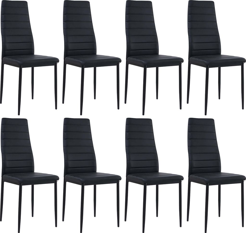 A set of eight black dining chairs arranged in two rows of four against a white background.