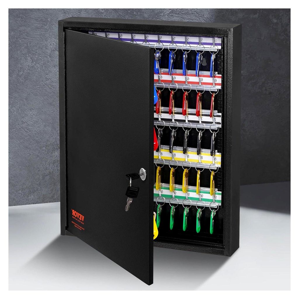 Schlüsselschrank für 100 Schlüssel, Schwarz, abschließbar, mit 10 Schlüsselhaltern, 2 Schlüsseln und 2 Karteikarten