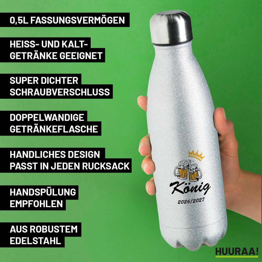 Huuraa Trinkflasche König 2026/27 Bierkrug Schüztenkönig 500ml Silver Edelstahl Wasserflasche Trinkflasche Geschenkidee