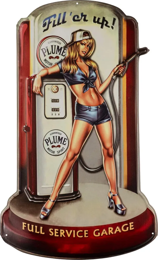 Plaque en Tôle Décorative Vintage Gas Station USA 43x71 cm Car Girl