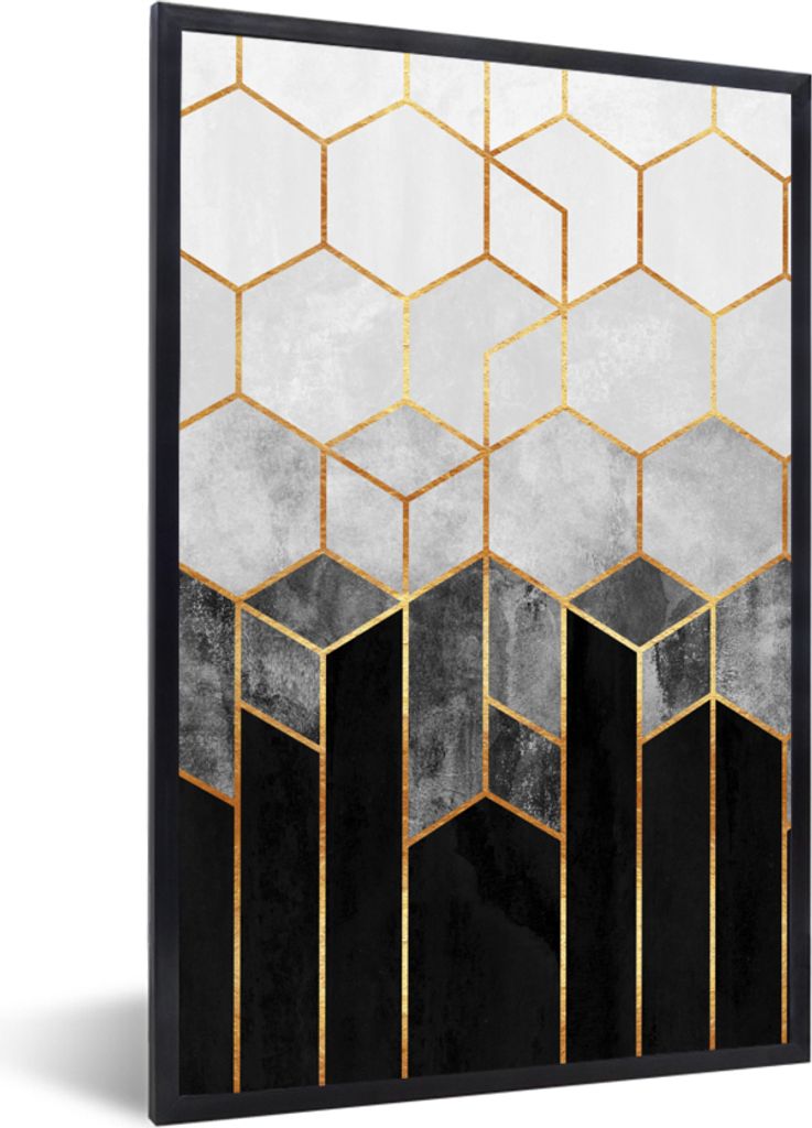 MuchoWow Gerahmtes Poster Gold - Sechseck - Chic - Muster - Luxus 20x30 cm - Poster mit Schwarzem Bilderrahmen Wandposter Rahmen Foto Bilder - Dr...