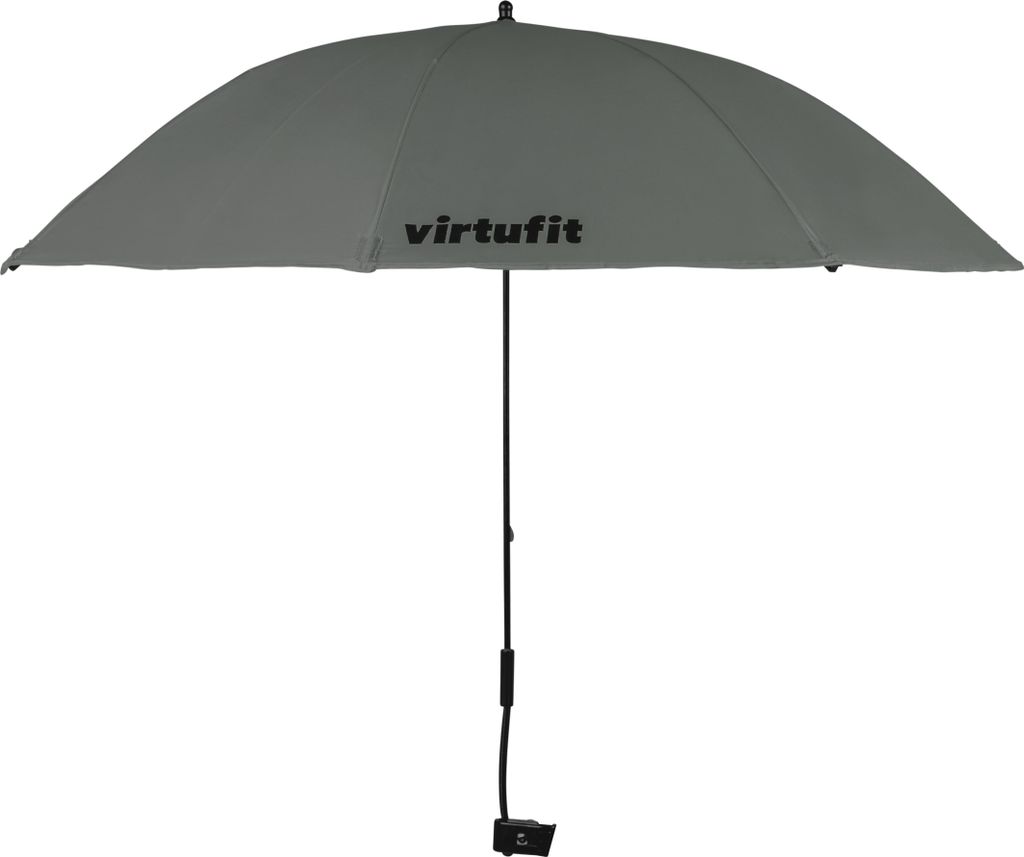 A gray umbrella with a black handle and a black logo on the canopy.