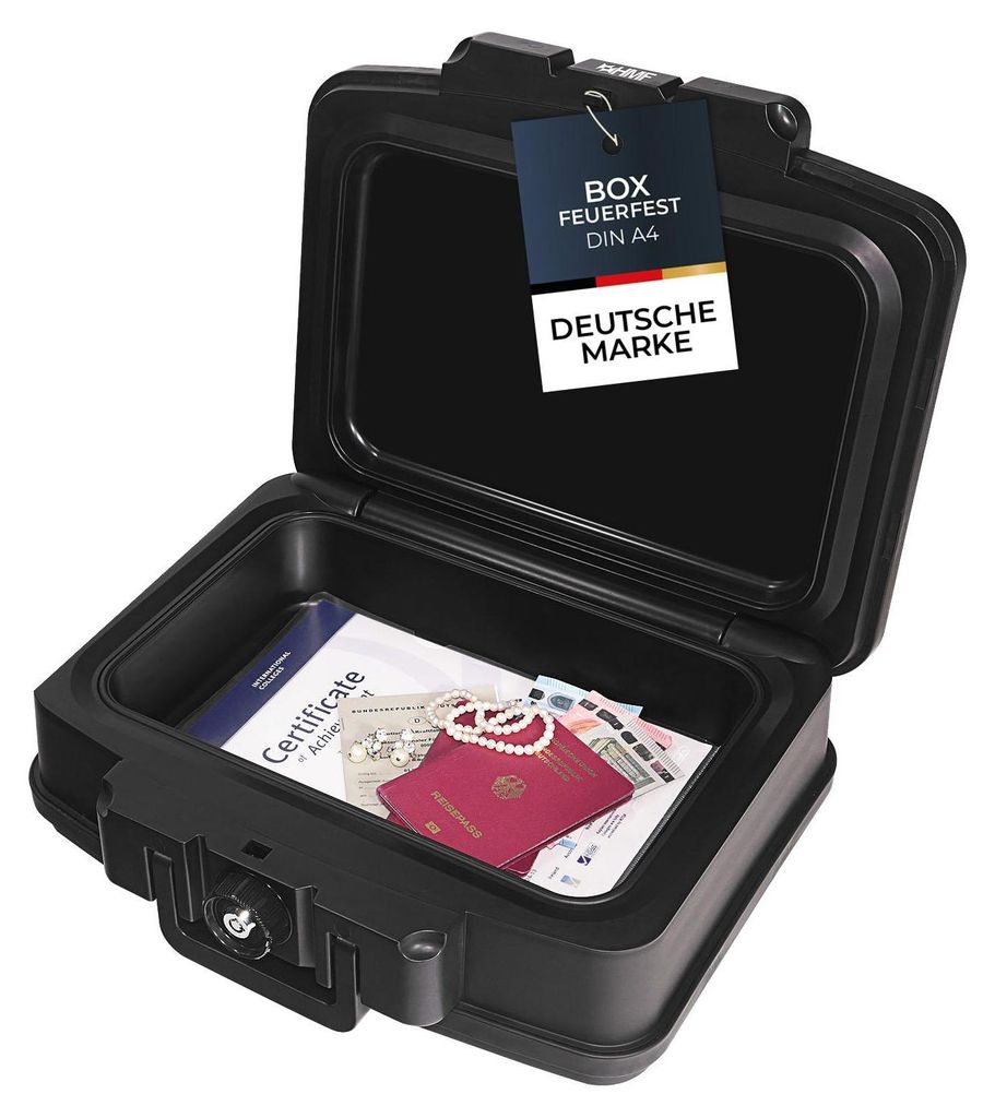 Feuerfeste und wasserdichte Dokumentenbox von HMF in DIN A4 in Schwarz