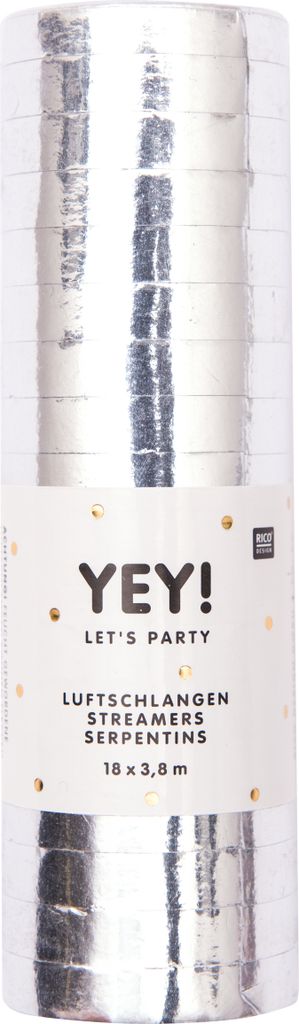 Rico Design Luftschlangen 18 Stk 0.7 cm breit 3.8 m lang Party Deko bunt Silber-Glänzend