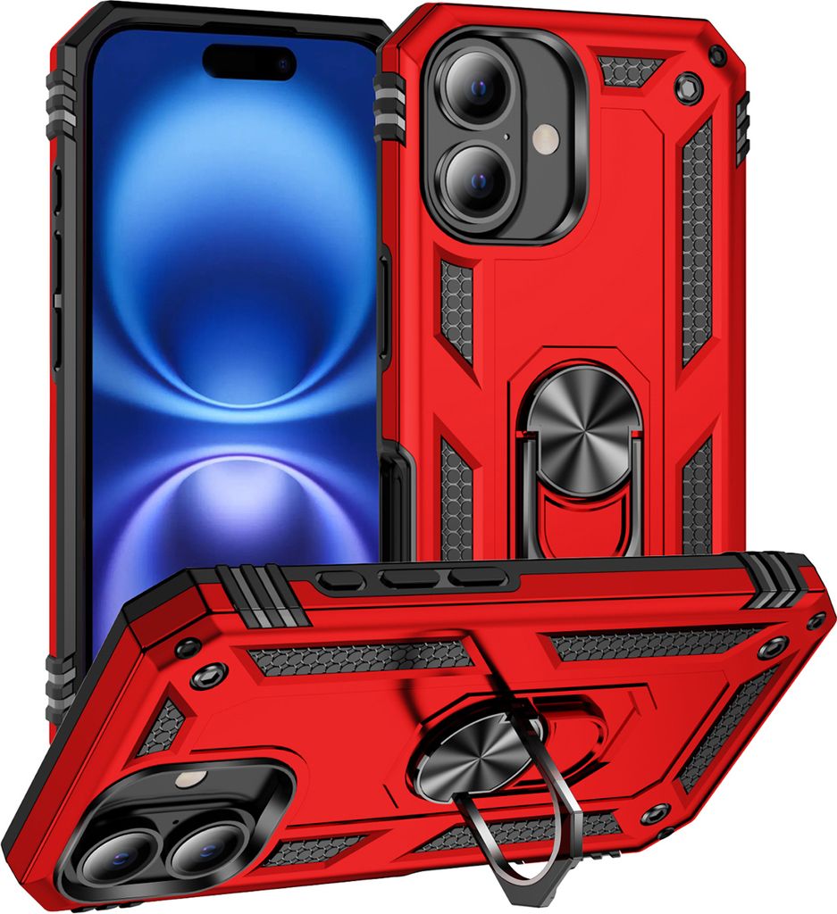 Schutzhülle für iPhone 16 Dual Layer Robust Militäre Fallschutz Hülle mit Ringhalterung Ständer Rot
