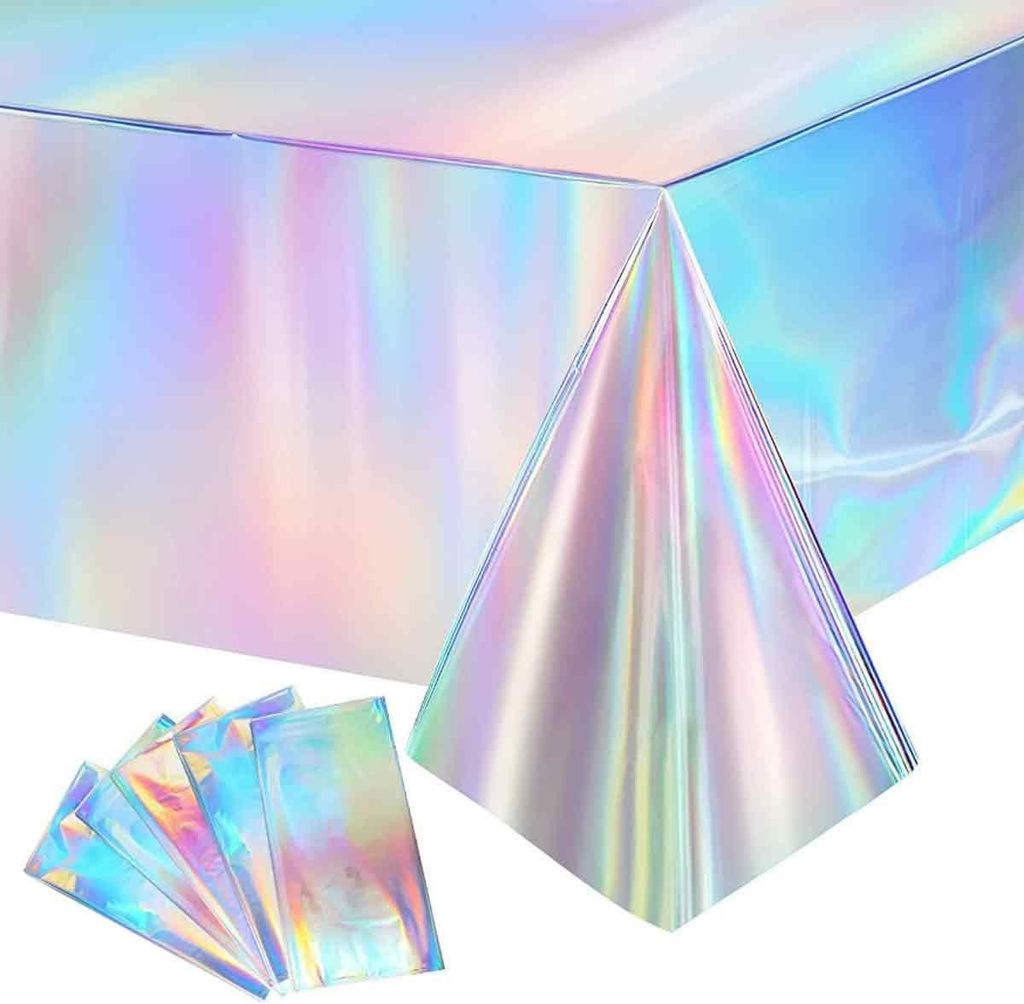5er-Pack schillernde Kunststoff-Tischdecken, glänzende Einweg-Laser-Tischdecken, 137,2 x 274,3 cm, Pailletten-Tischdecken mit holografischer Folie
