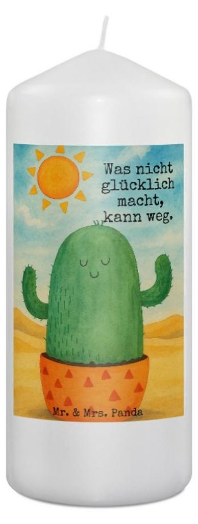 Mr. & Mrs. Panda Kerze Kaktus Sonne Design 19 x 8 cm - Weiß - Geschenk, Bedruckte, Wachskerze, Kakteen, Blockkerze, Stumpenkerze, Geschenkidee, Zy...