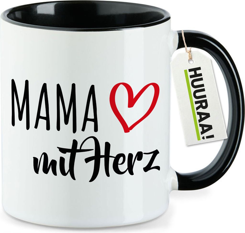Huuraa Kaffeetasse Mama mit Herz 330ml Schwarz Keramik Kaffeebecher Geschenkidee
