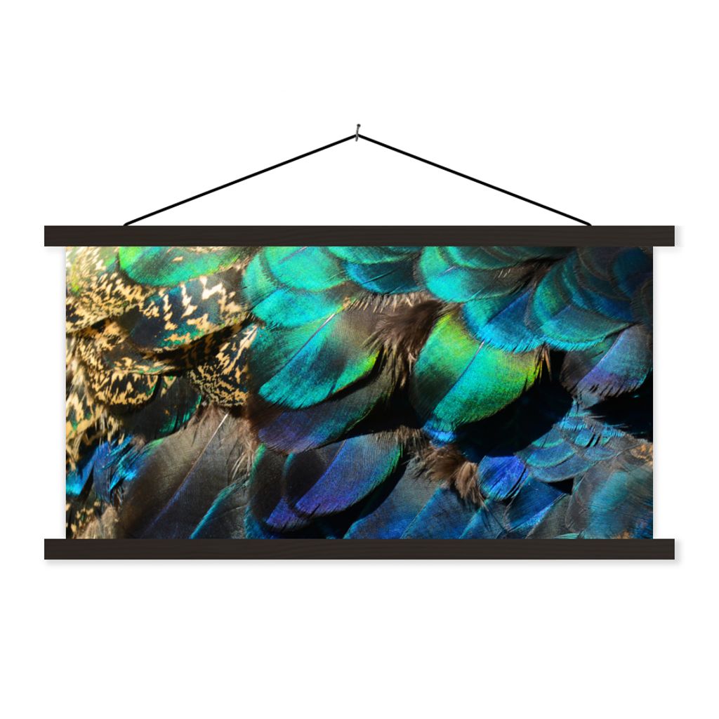 MuchoWow Textilposter Federn - Pfauenfedern - Pfau - Blau - Kunst 60x30 cm mit schwarzem Rahmen - Textilien