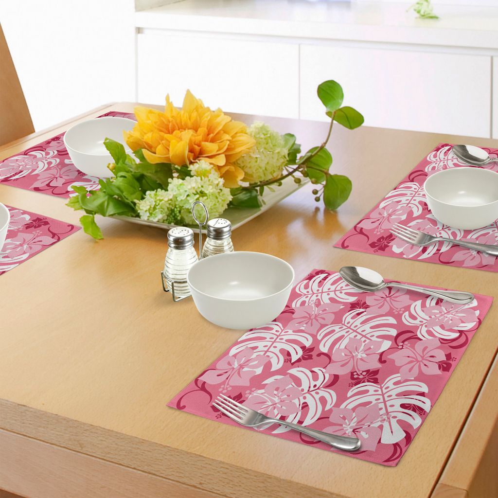 ABAKUHAUS Luau Platzmatten, Hibiscus Flower mit Monstera Blätter Regenwald Pflanzen Fresh Nature Motiv, Tiscjdeco aus Farbfesten Stoff für das Es...