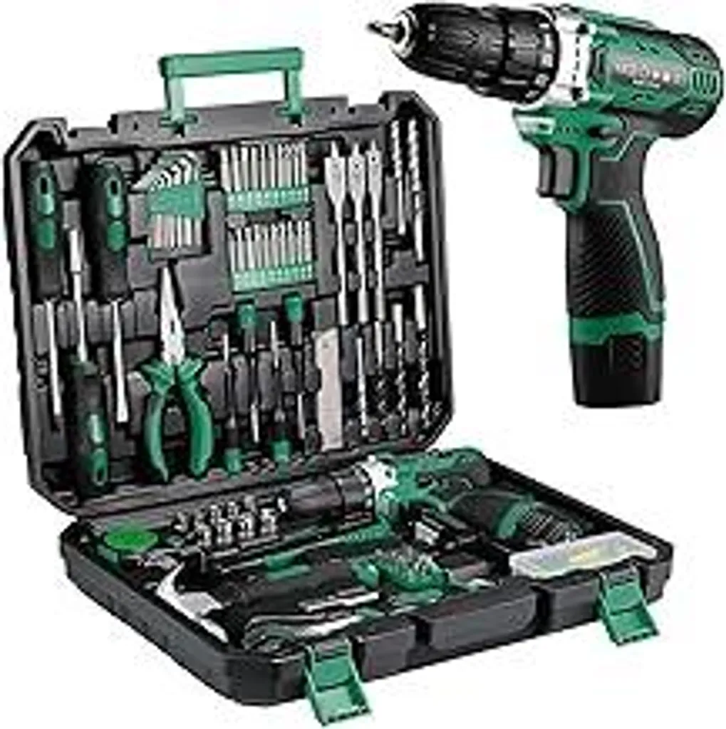 TLGREEN Valigetta portautensili Set avvitatore a batteria completo 138 pezzi con trapano avvitatore a batteria 12 V Set di utensili Per riparazioni e manutenzioni, cassetta degli attrezzi Utensili elettrici Fai da te domestico (verde)