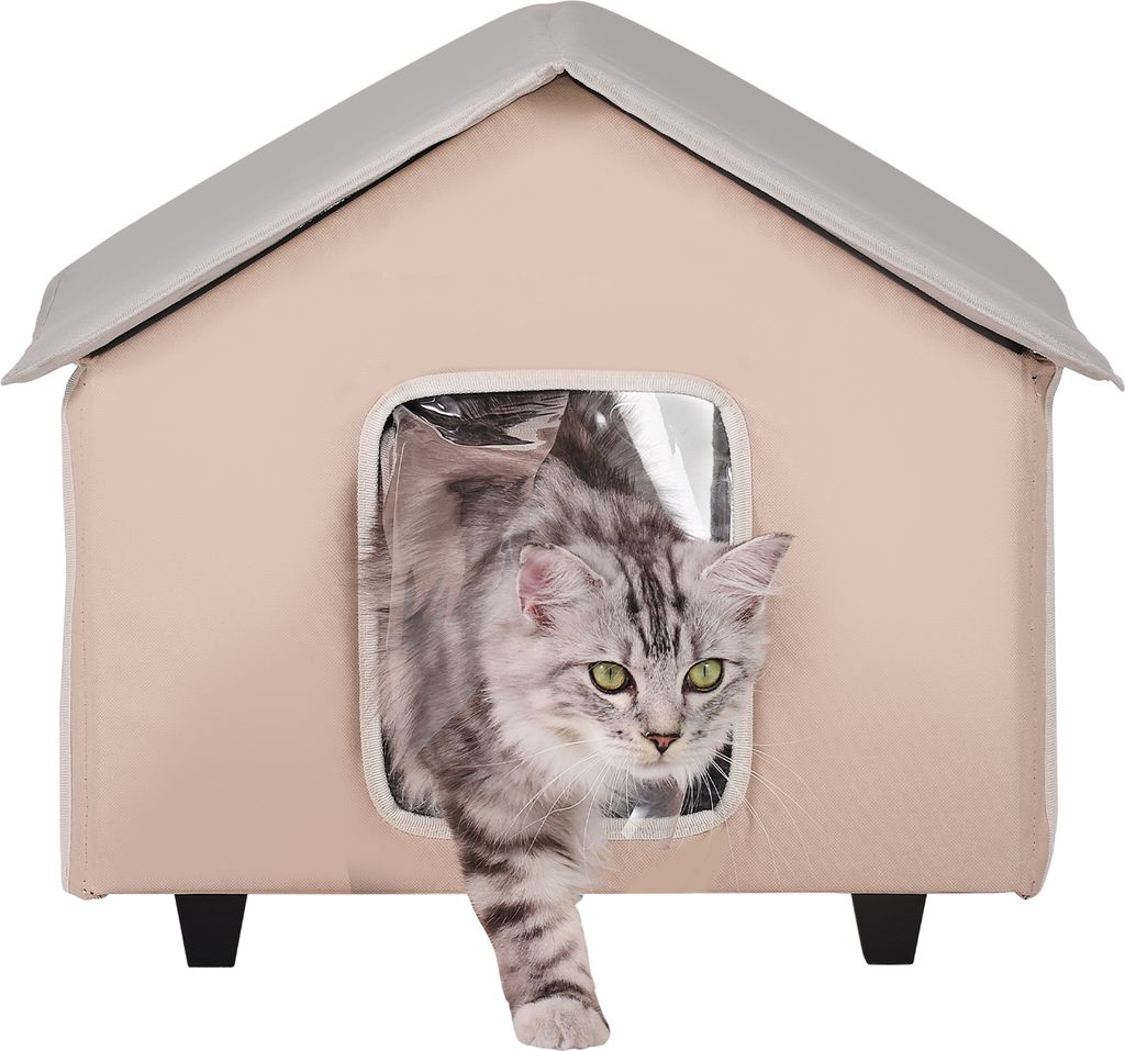 SucceBuy Erhöhtes, beheiztes Katzenhaus – Faltbarer Outdoor-Katzenunterschlupf mit Heizkissen, einstellbarem Thermostat und Timer, Braun (Mittel...