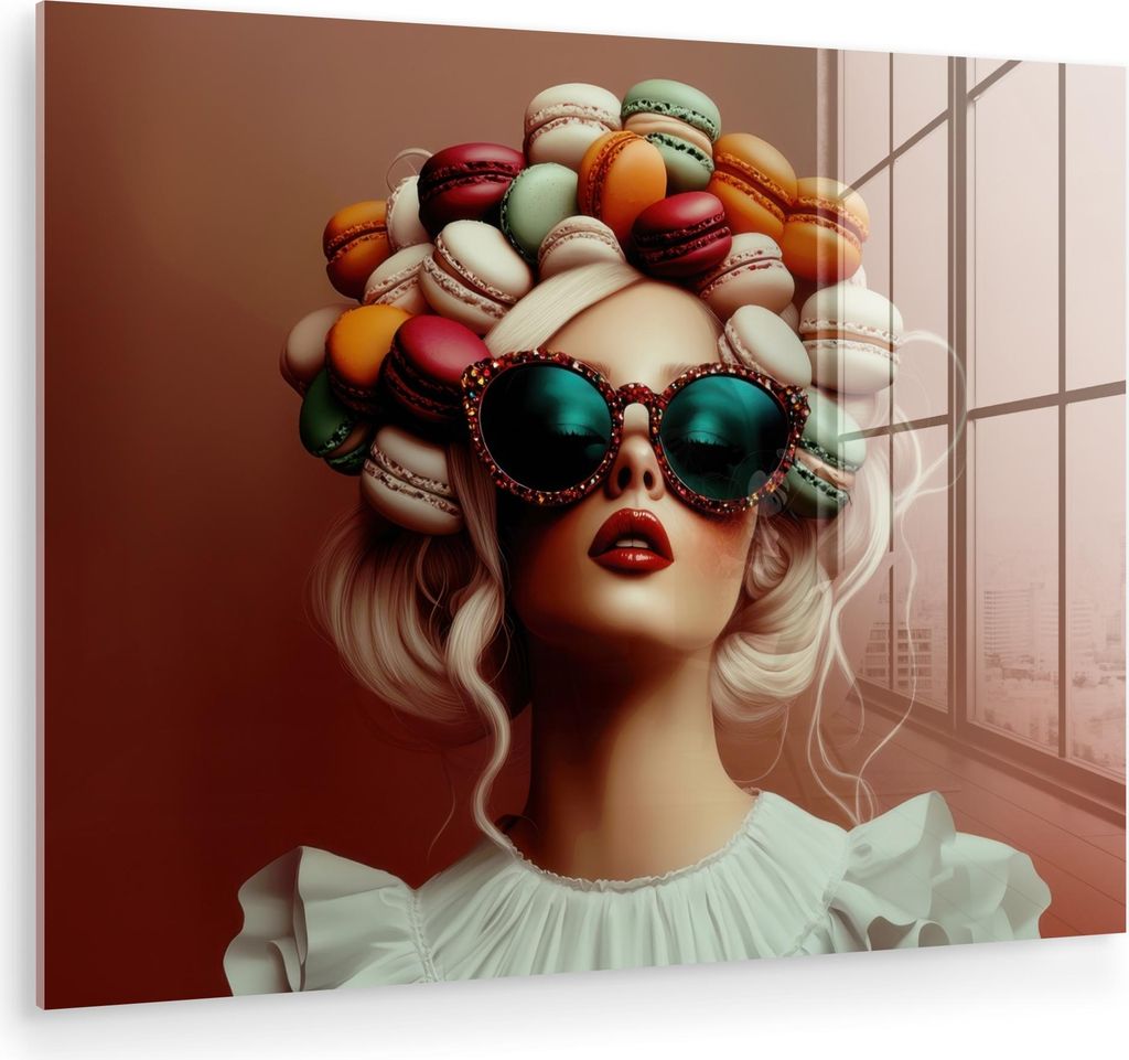 MuchoWow Glasbilder - Bilder auf Wandbild - Foto auf Glas Frau - Makronen - Brille 40x30 cm Wanddekoration aus Glas - Acrylglasbild - Acrylbilder -...