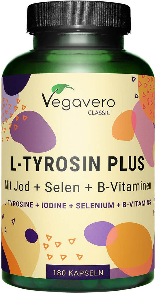 Vegavero L-Tyrosin Plus | 180 Kapseln | mit Jod, Selen und 5 B-Vitaminen | vegan