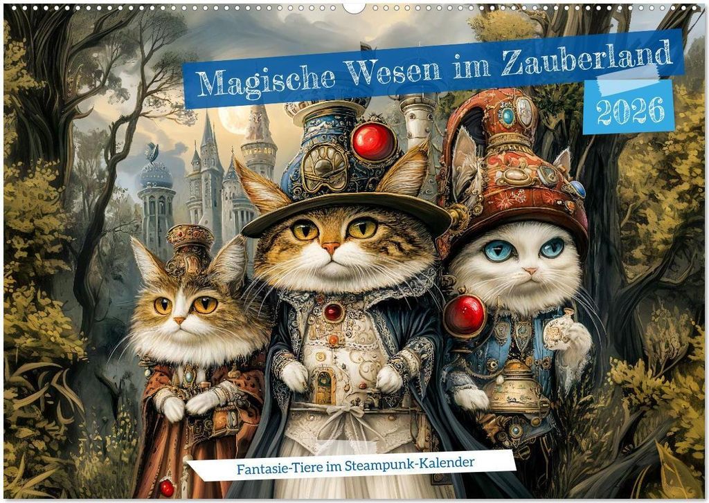 Magische Wesen im Zauberland - Fantasie-Tiere im Steampunk-Kalender (Wandkalender 2026 DIN A2 quer), CALVENDO Monatskalender