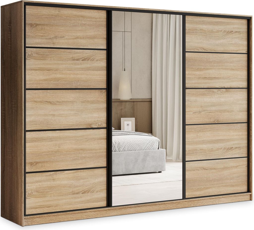 Masseno Schiebetürenschrank PINA 250/205/58 cm Kleiderschrank mit 4 Schubladen Schlafzimmer Schrank 3-türig mit Spiegel Sonoma Eiche