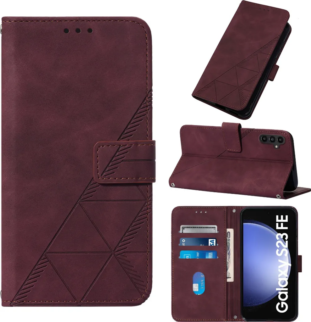 Custodia in pelle flip per Samsung Galaxy S23 FE design a portafoglio con goffratura, porta carte e supporto rosso