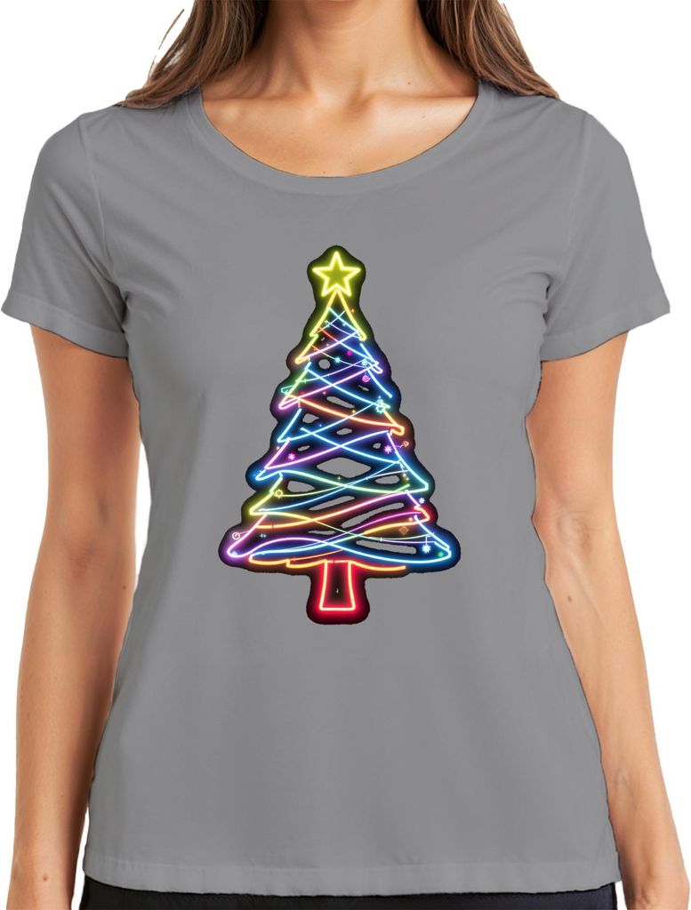 Neon Weihnachtsbaum Leuchtend Bunt Stern Neonlicht Weihnachten Damen T-Shirt, Grau, M