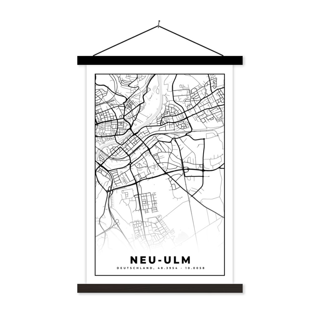 MuchoWow Textilposter Karte - Neu-Ulm - Stadtplan 60x90 cm mit schwarzem Rahmen - Poster Wohnzimmer