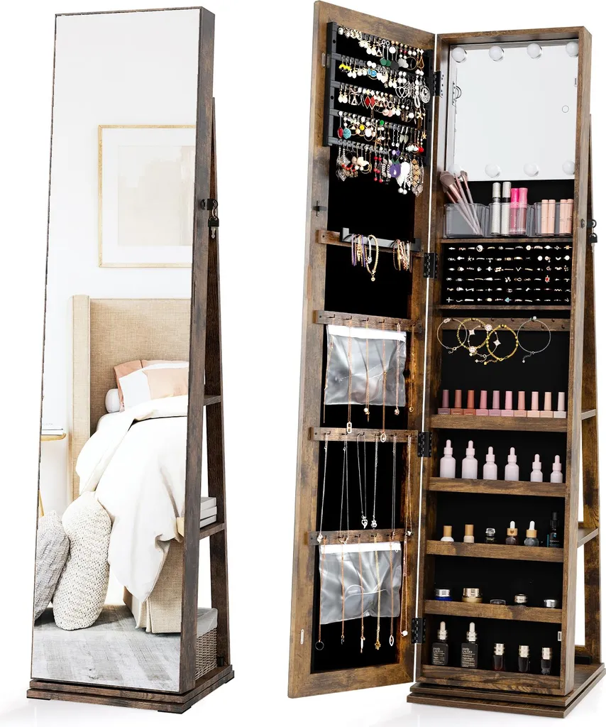 COSTWAY Armoire à Bijoux Pivotante 360° avec Miroir LED Intégral Marron