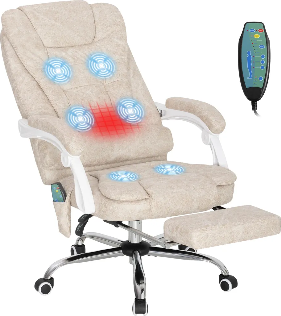 Chaise de bureau ergonomique massante en microfibre crème avec télécommande