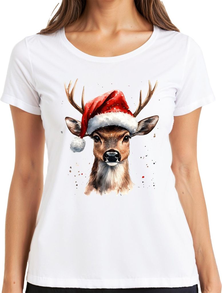 Weihnachtsrentier Aquarell Nikolaushut Geschenk Vintage lustig Damen T-Shirt, Weiß, XXL