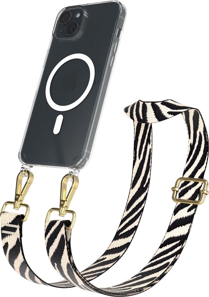 EAZY CASE - Handykette mit MagSafe Hülle für Apple iPhone 15 Plus, Handyband Zebra Style,Karabiner Gold, Umhängeband in Schwarz